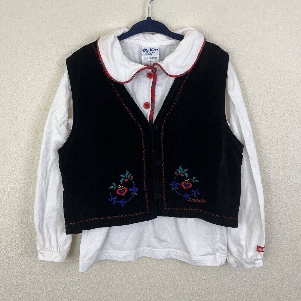 Oshkosh Vintage 90s Floral Embroidered Velvet Vest Shirt Set Girls 6